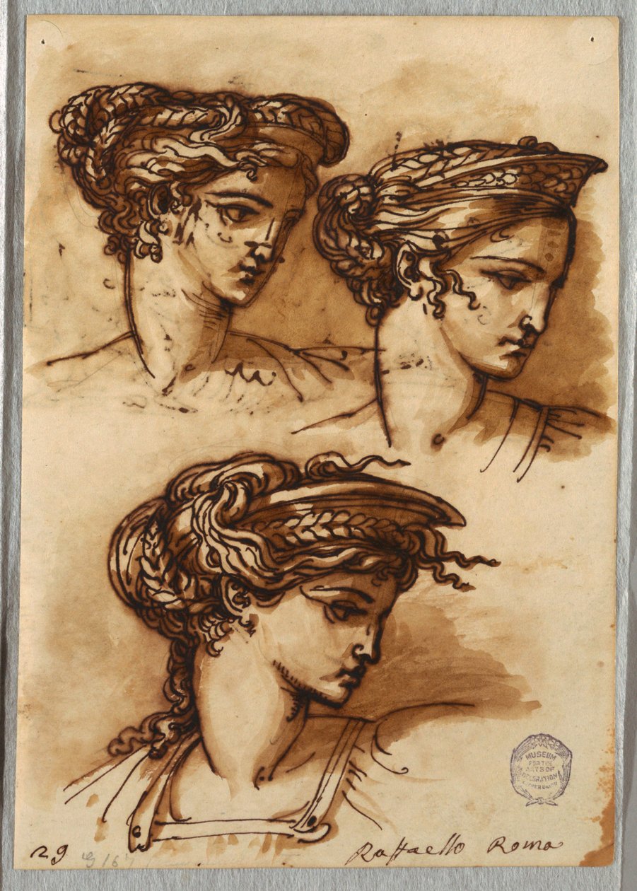Drei Studien eines Kopfes mit Diadem und geflochtenem Haar, nach Raphael von Felice Giani