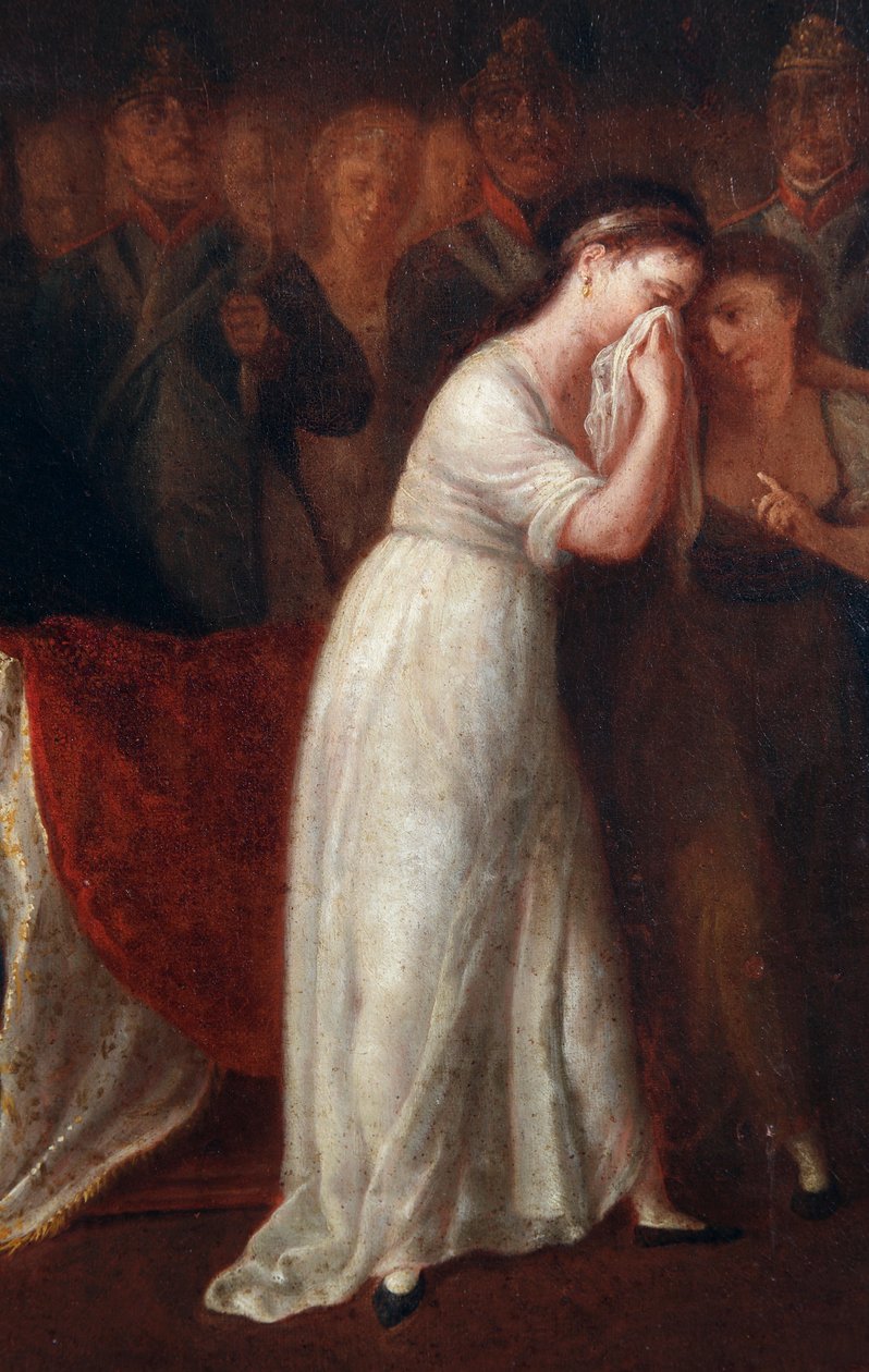 Eine Frau als das Gesetz, das den Status der Mutter innerhalb der Familie regelt, untergeordnet dem des Ehemanns. Detail der Verkündung des Zivilgesetzbuches oder Code Napoleon Bonaparte am 21.03.1804 von Felice Guascone