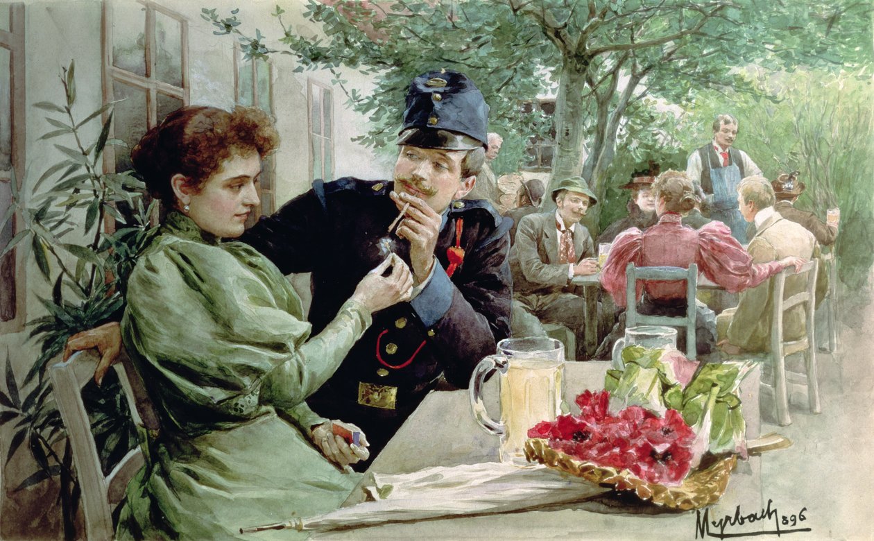 Soldat und ein junges Mädchen trinken neuen Wein, 1896 von Felicien baron de Myrbach Rheinfeld