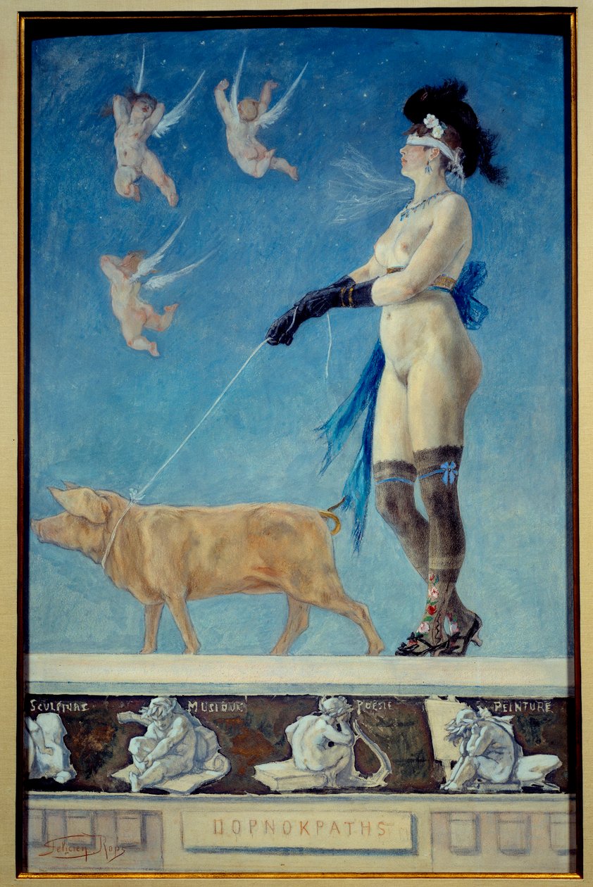 Pornokrates. Eine nackte Frau in Strümpfen mit verbundenen Augen wird von einem Schwein an der Leine gezogen von Félicien Rops