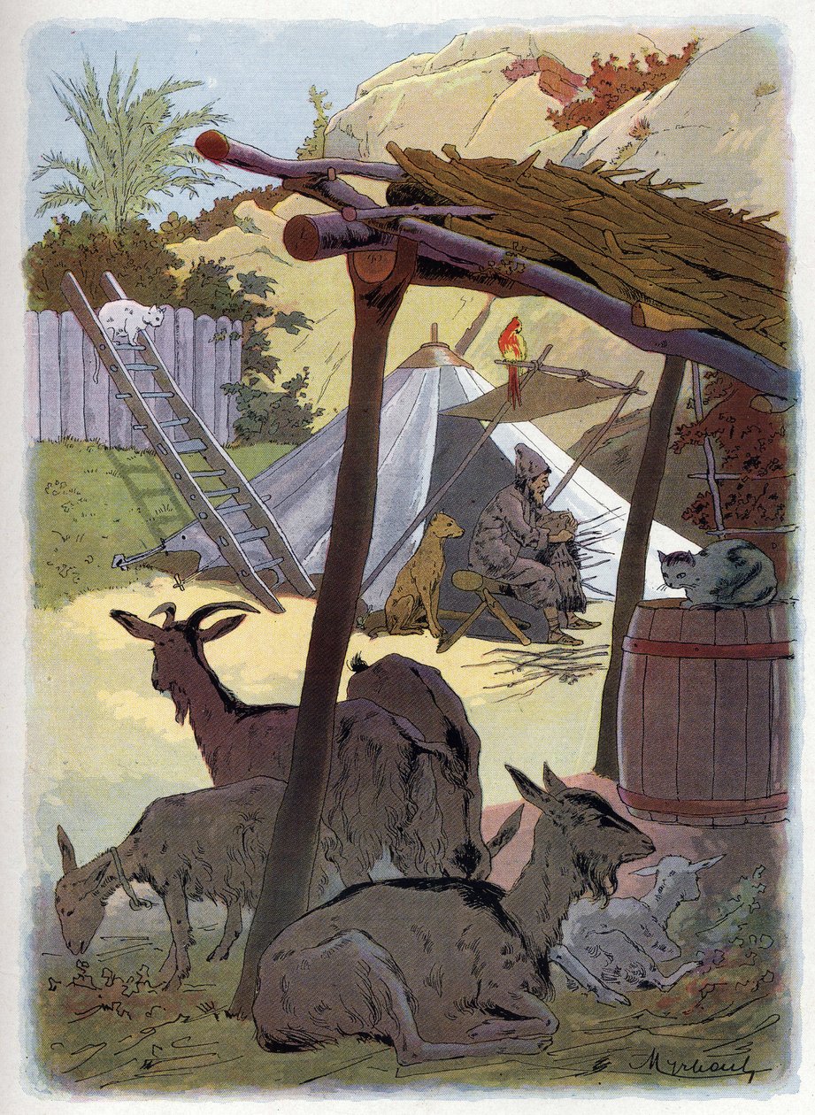 Robinson Crusoe zu Hause mit seinen Tieren von Felicien baron de Myrbach Rheinfeld