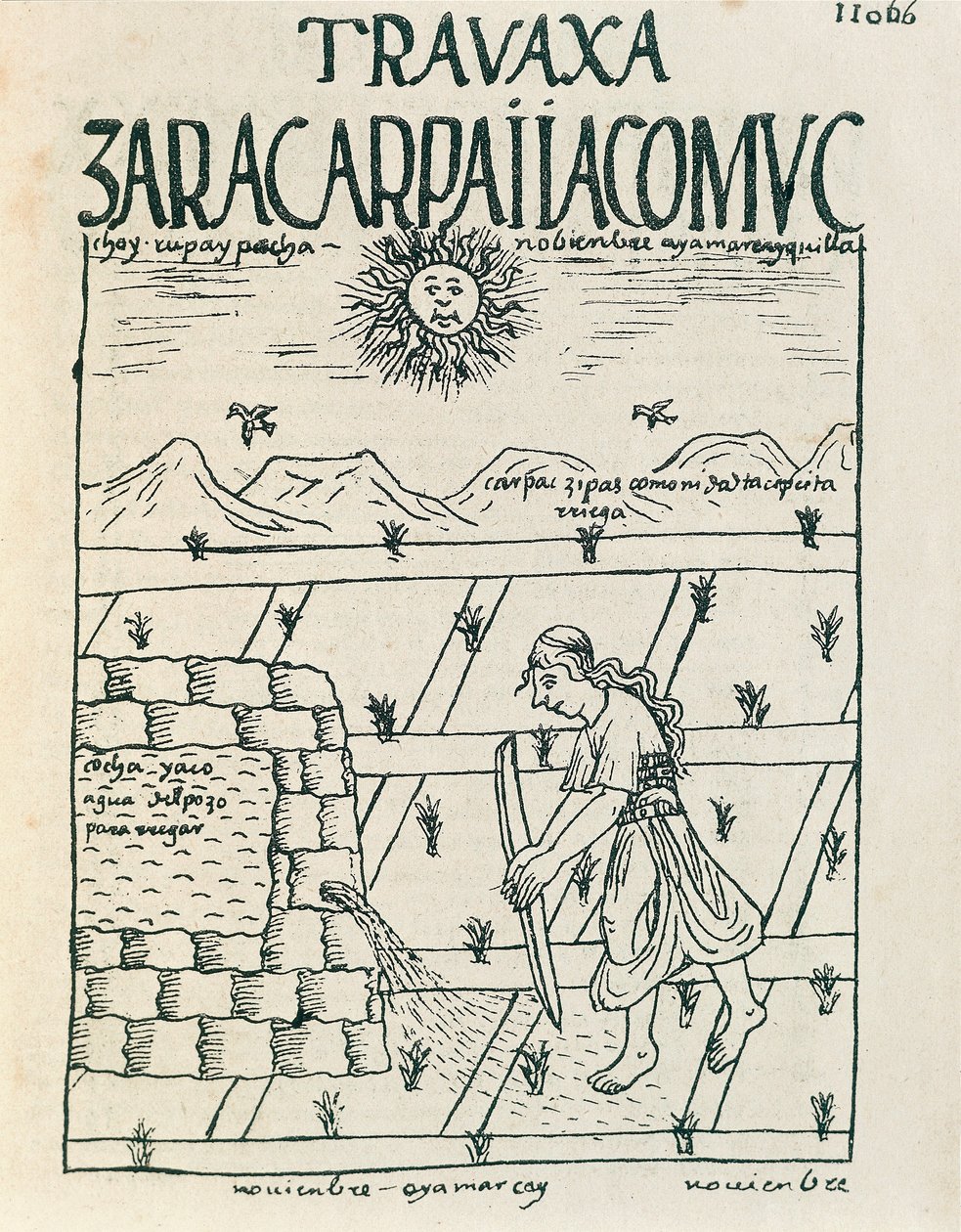 Ein Bauer bewässert sein Feld im November von Felipe Huaman Poma de Ayala