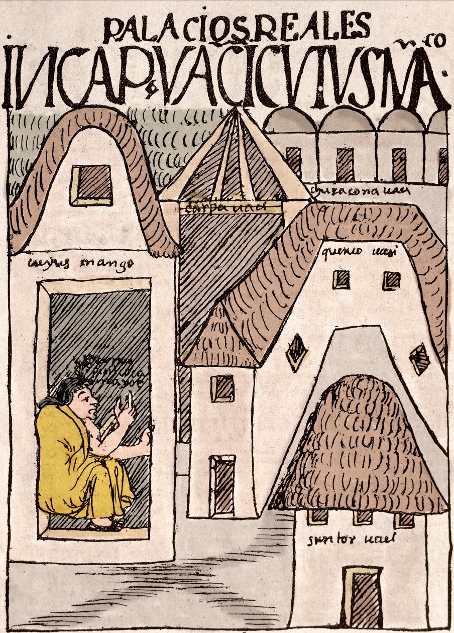 Inka-Reich: Tempel und Paläste in Cuzco, Peru - Tuschzeichnung aus dem Manuskript „Nueva coronica y buen gobierno“ von Don Felipe Puma de Ayala, das das Leben der Inkas illustriert, um 1587 Lima, Museo Nacional de Antropología, Arqueología e Historia de von Felipe Huaman Poma de Ayala