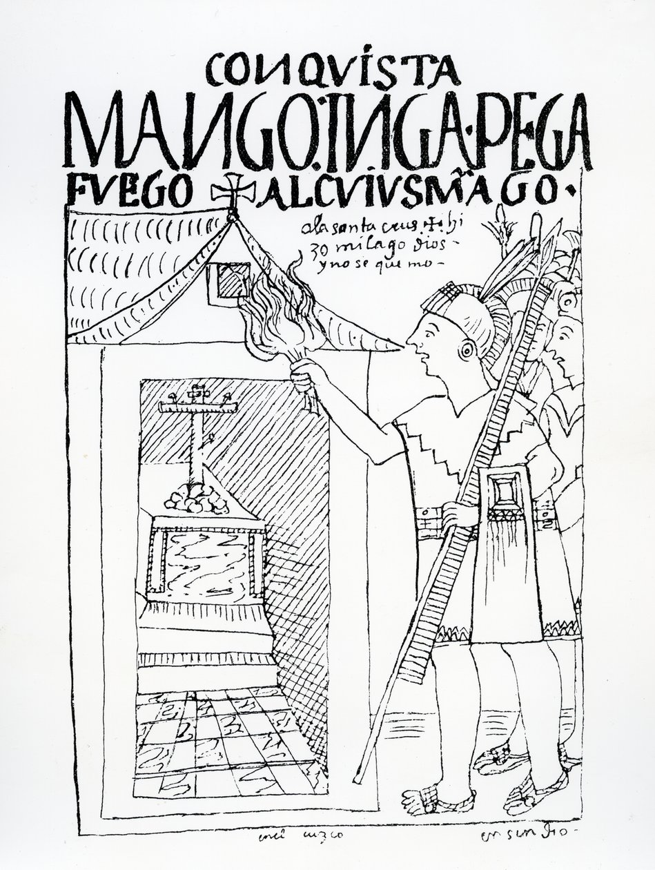 Manco Inca versucht, den Inka-Palast von Cuyus Mango zu verbrennen, der für den christlichen Gottesdienst umgebaut worden war, aber Gott greift ein von Felipe Huaman Poma de Ayala