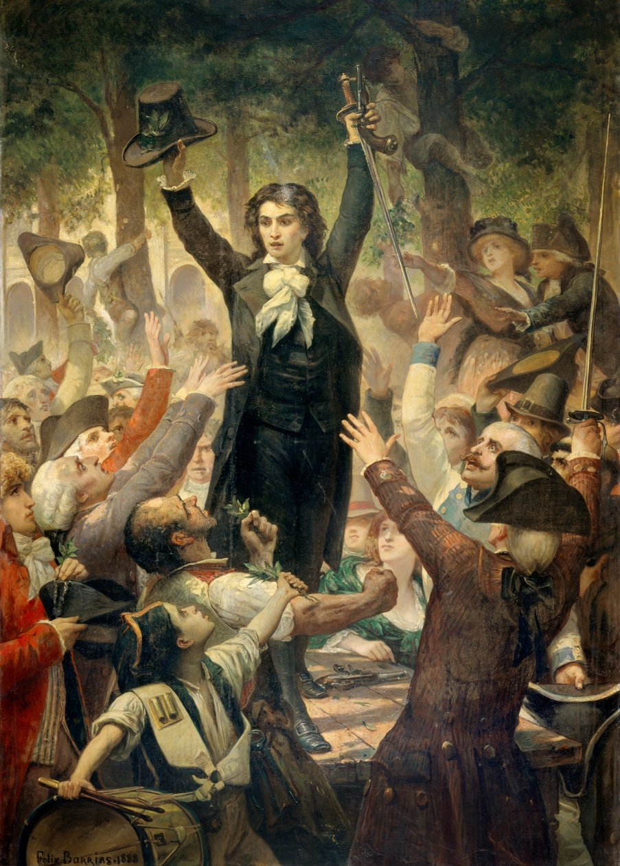 Camille Desmoulins (1760-1794) sprach zu den Patrioten in den Gärten des Palais Royal. Erste Szene der Französischen Revolution in Paris: Am 12.07.1789, nach der Entlassung von Jacques Necker durch den König, sprach Camille Desmoulins zur Menge im Palais R von Félix Joseph Barrias