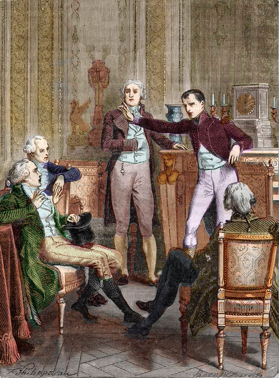 Der Erste Konsul Bonaparte spricht mit dem Mathematiker Gaspard Monge - Diskussion zwischen Bonaparte, Erster Konsul, und Gaspard Monge (1746-1818) Gravur von Félix Philippoteaux (1815-1884). von Felix (after) Philippoteaux