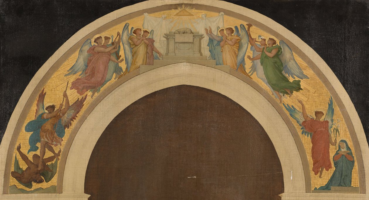 Skizze für die Dreifaltigkeitskirche: Das Osterlamm. Gruppe anbetender Engel. Der Erzengel Michael besiegt den Teufel. Die Verkündigung. Heiliger Paulus. Heiliger Petrus, ca. 1864 von Felix A.M. (after) Jobbe Duval