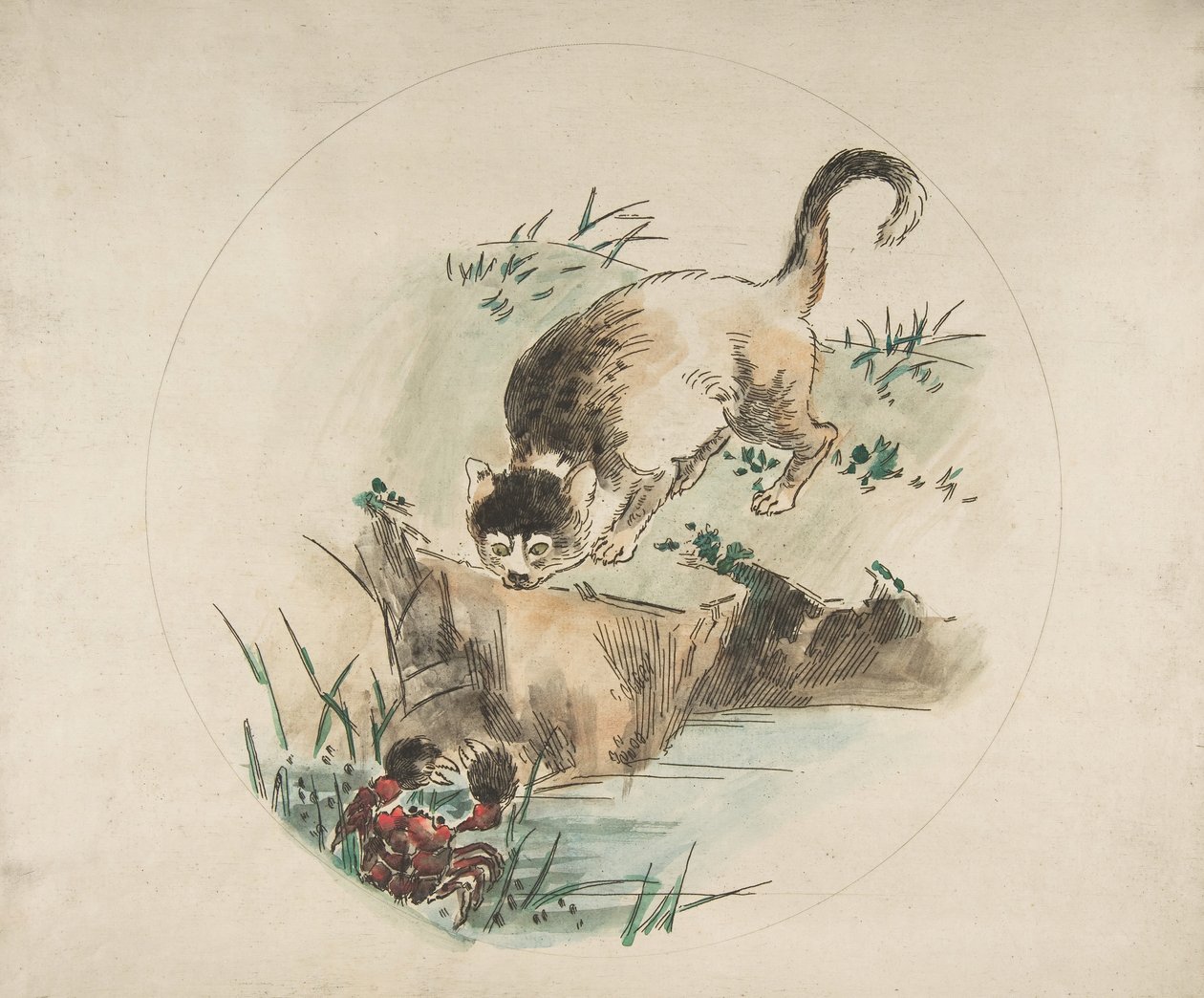Dekoration für einen Teller: Eine Katze jagt eine Krabbe, 1850-1914 von Felix Bracquemond