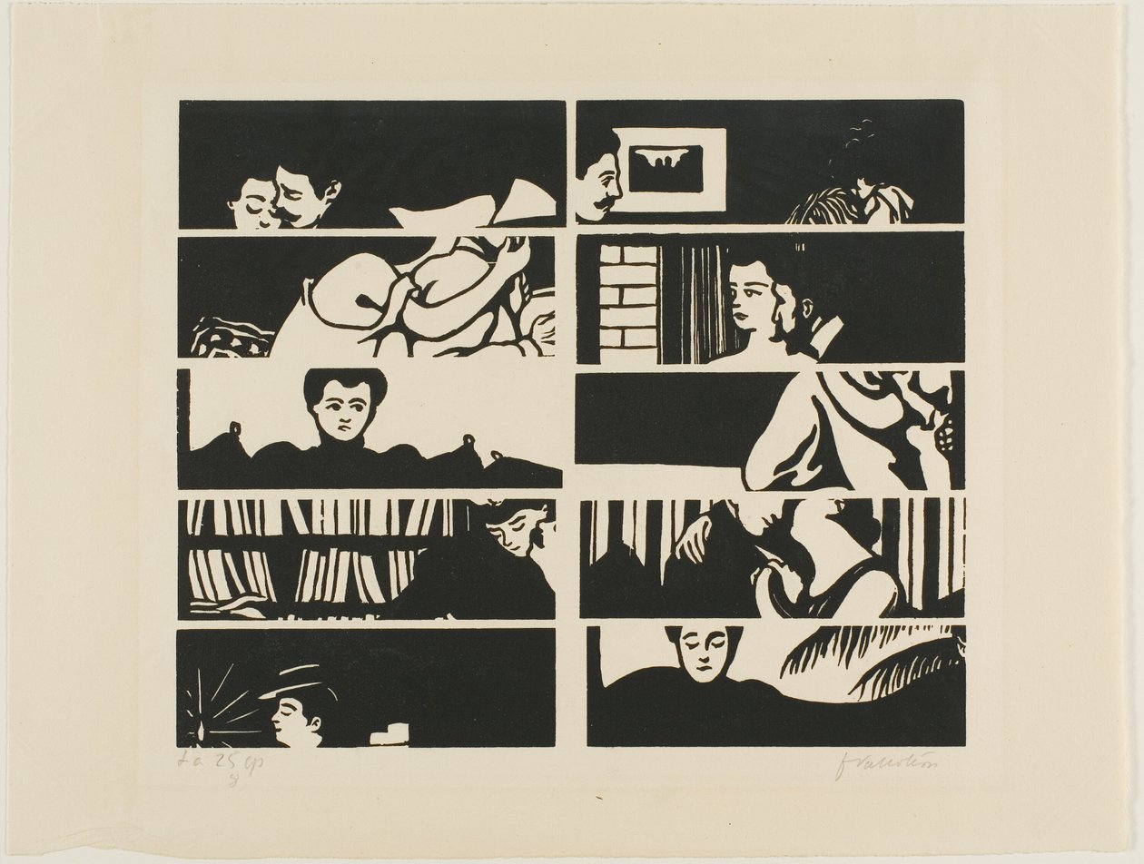 Stornierungsblatt, Fragmente von zehn Holzblöcken aus Intimitäten von Felix Edouard Vallotton