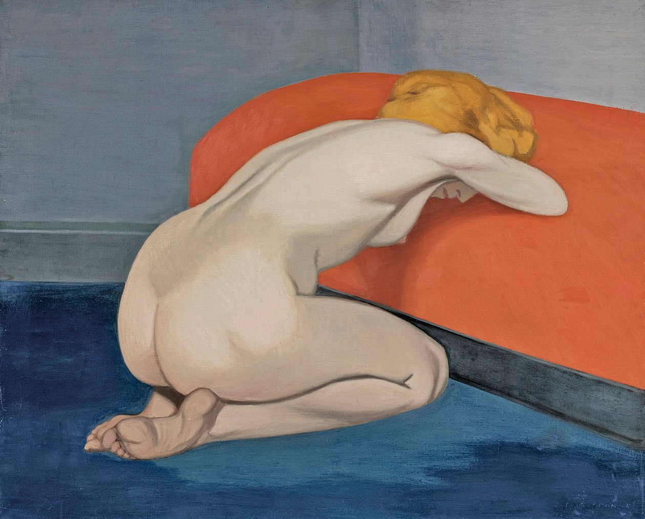 Nackte Frau kniet vor einem roten Sofa von Felix Edouard Vallotton