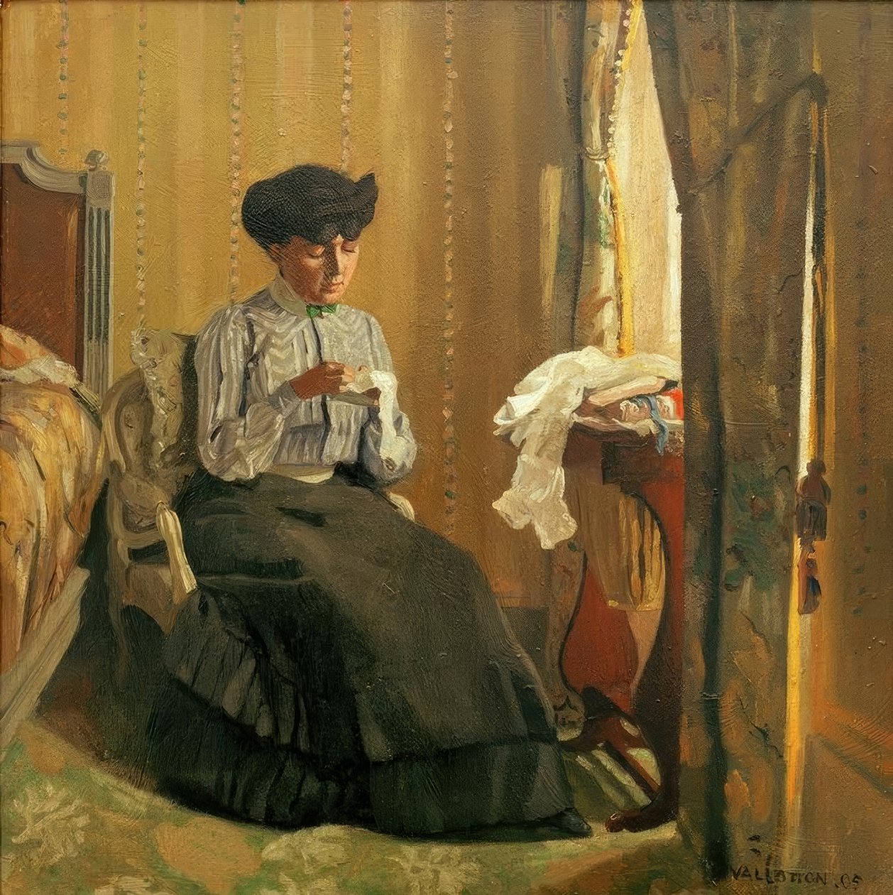 Junge Frau beim Nähen am Fenster von Felix Edouard Vallotton