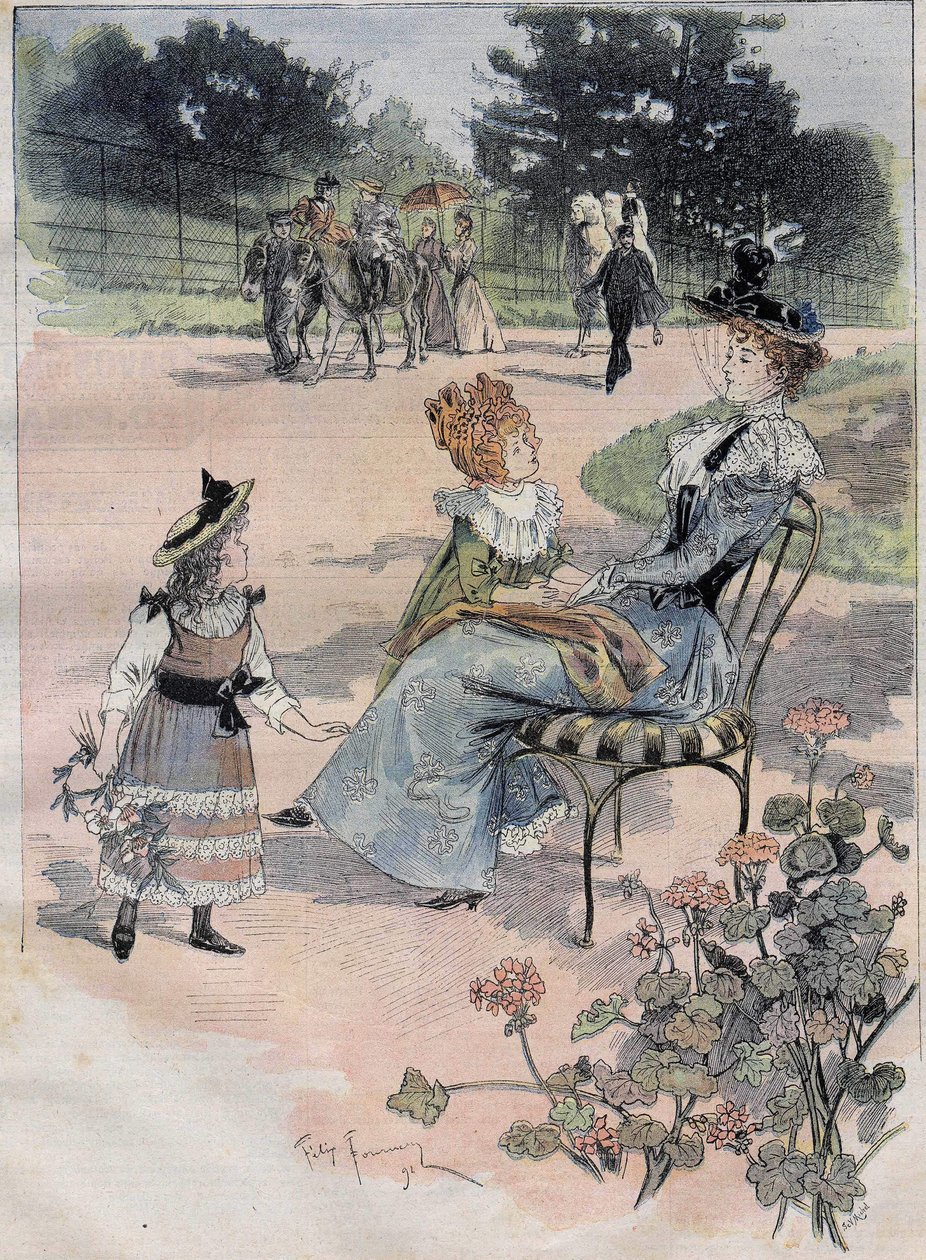 Der Spaziergang der Kinder zum Akklimatisierungsgarten in Paris im Jahr 1892. Gravur der Founery Aquarelle von Felix Fournery