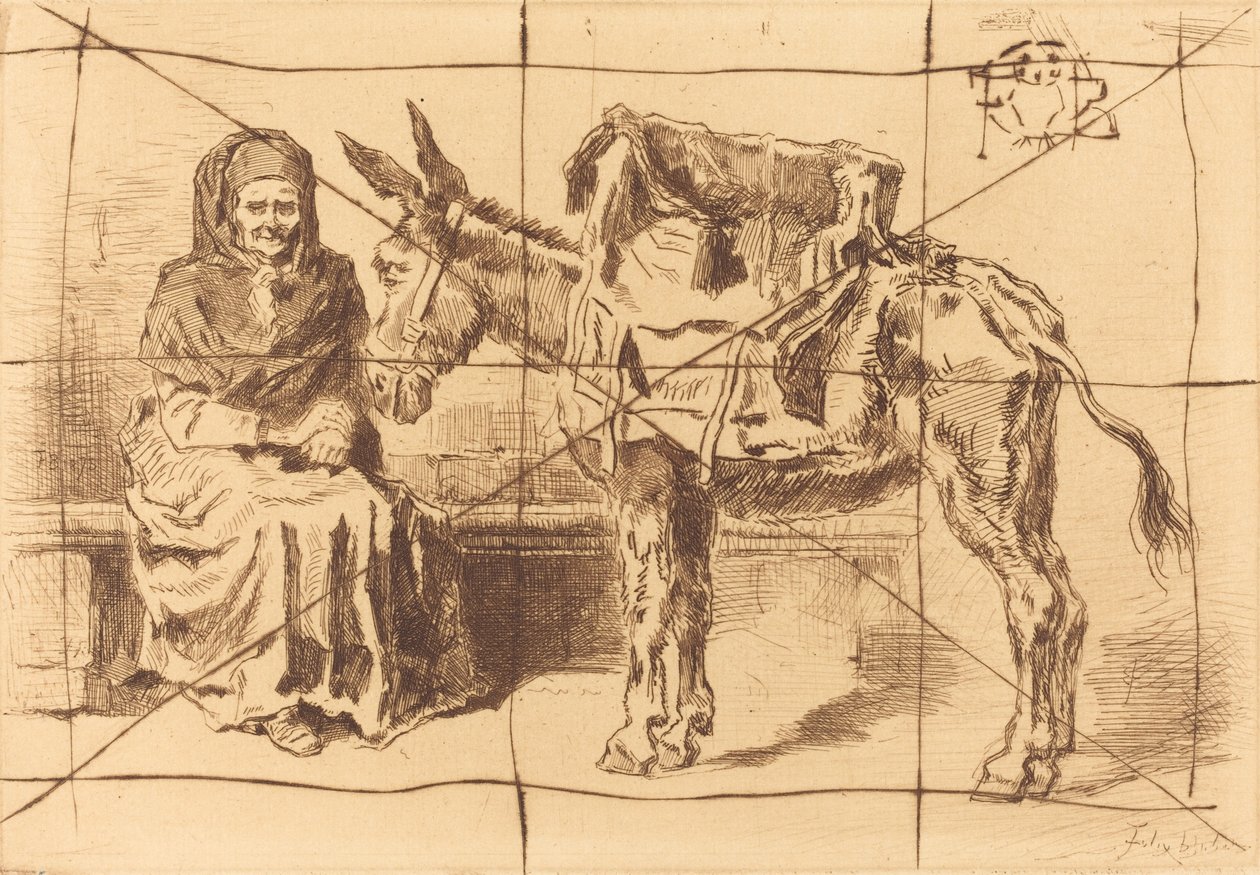 Sitzende Frau und Esel von Felix Hilaire Buhot