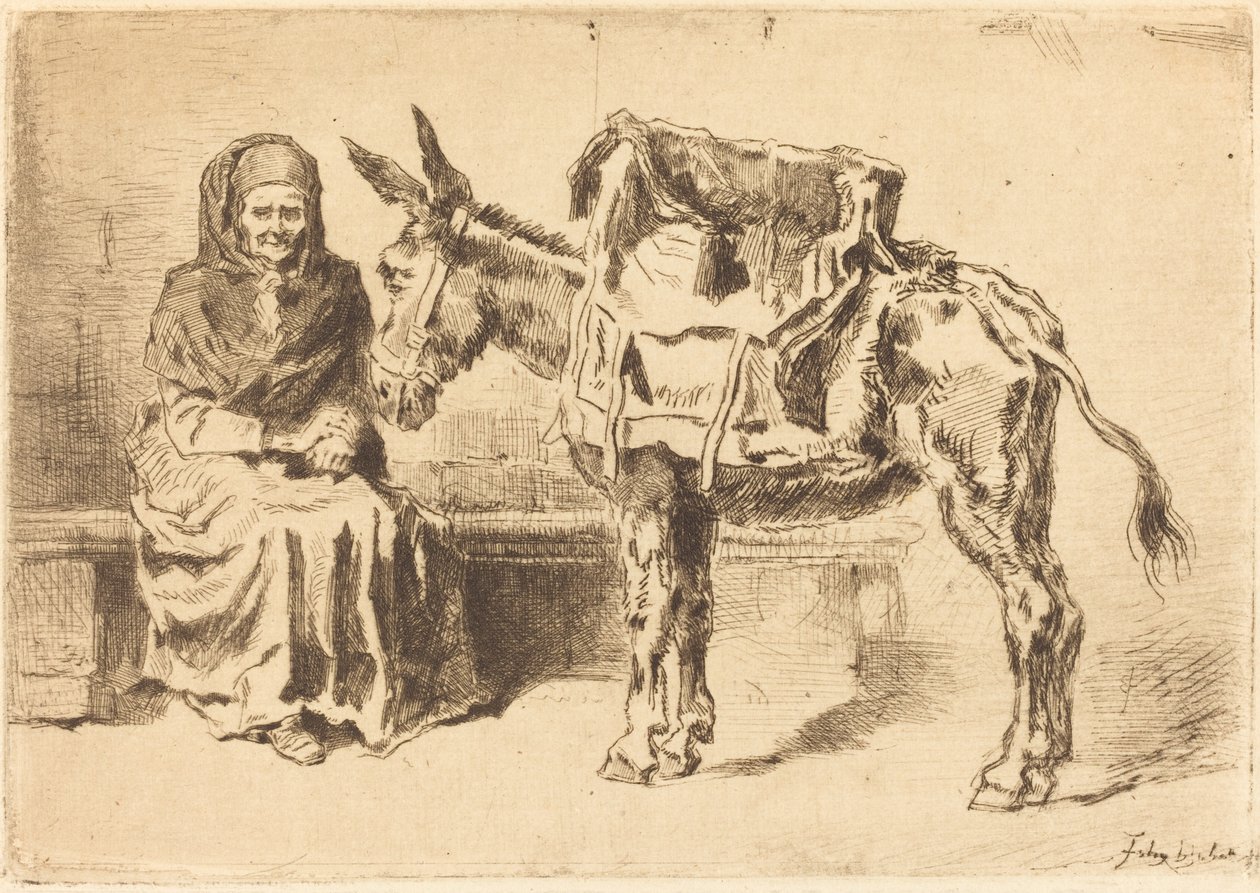 Cacoletière Assise, sitzende Frau und Esel, 1875 von Felix Hilaire Buhot