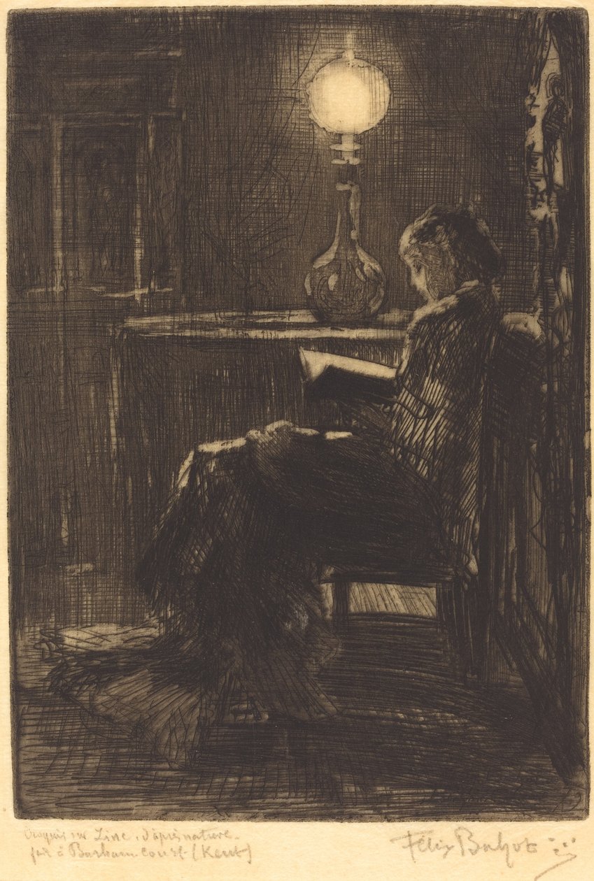 Frau liest bei Lampenlicht von Felix Hilaire Buhot