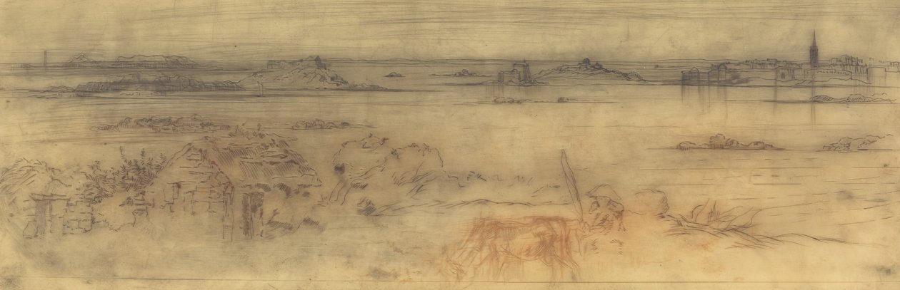 Meereslandschaft mit befestigter Stadt rechts, Inseln links und einem Cottage im Vordergrund, ca. 1882 von Felix Hilaire Buhot