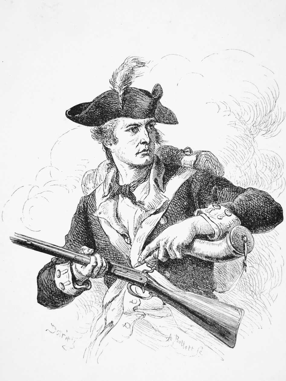 Ein amerikanischer Soldat während des Unabhängigkeitskrieges, der sein Pulverhorn benutzt, um die Pfanne seines Steinschlossmuskets zu füllen, graviert von A. Bollett von Felix Octavius Carr (after) Darley