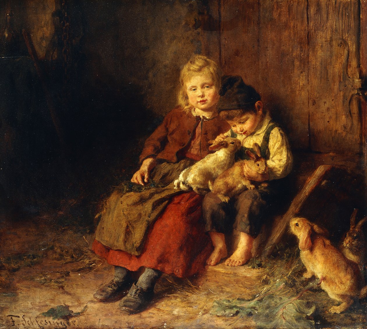 Zwei Kinder spielen mit Kaninchen von Felix Schlesinger