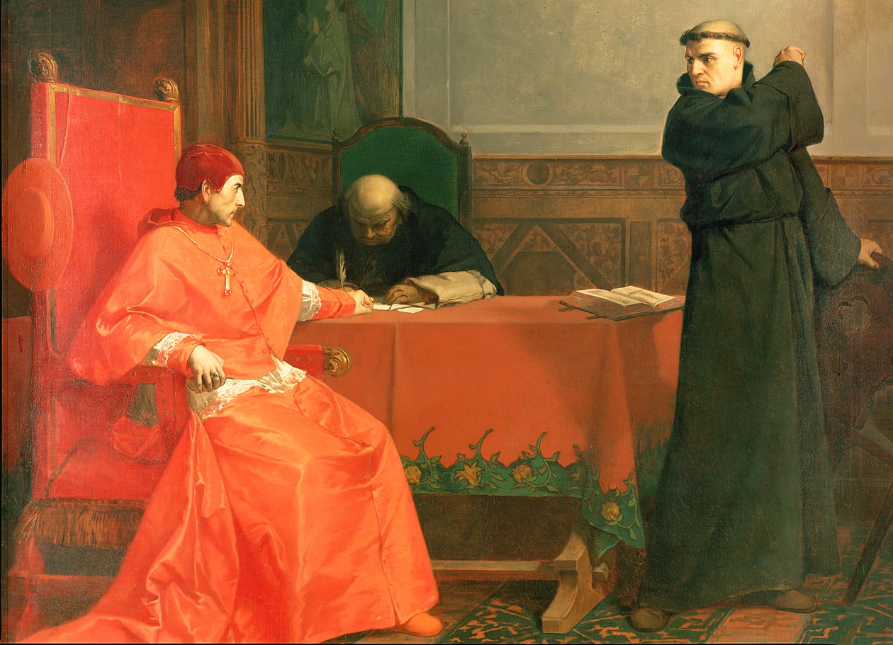 Luther vor Kardinal Cajetan während der Kontroverse um seine 95 Thesen, 1870 von Ferdinand Wilhelm Pauwels