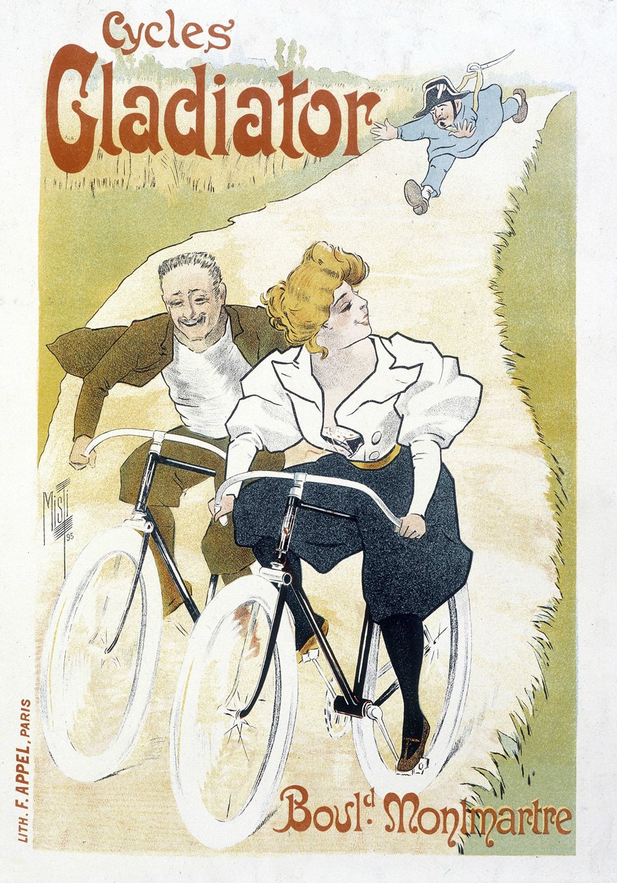 Radfahrerpaar von einem Polizisten verfolgt - Werbung für Gladiator-Fahrräder von Ferdinand  Misti Mifliez