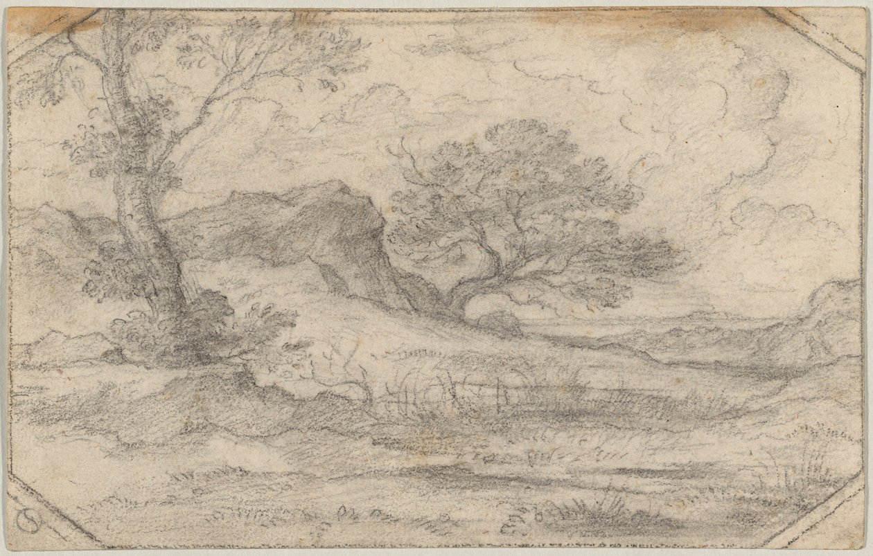 Ideallandschaft mit zwei Bäumen und Felsmassiv von Ferdinand (Johann Heinrich Ferdinand) von Olivier