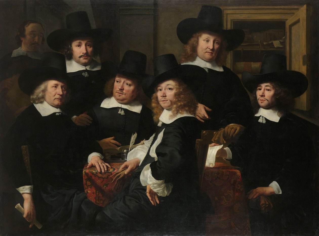 Sechs Regenten und der Pedell des Nieuw Zijds Instituts für die Außenhilfe der Armen, Amsterdam, 1657 von Ferdinand Bol