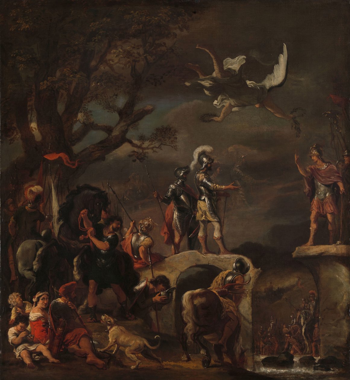 Die Friedensverhandlungen zwischen Claudius Civilis und Quintus Petillius Cerealis auf der zerstörten Brücke von Ferdinand Bol