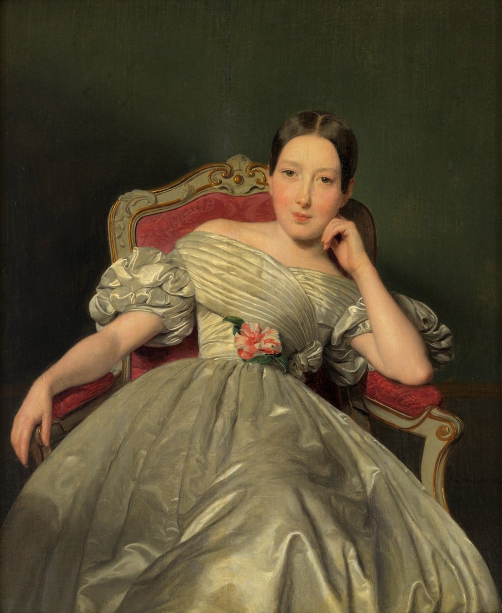 Sitzendes Mädchen in weißem Atlaskleid von Ferdinand Georg Waldmüller