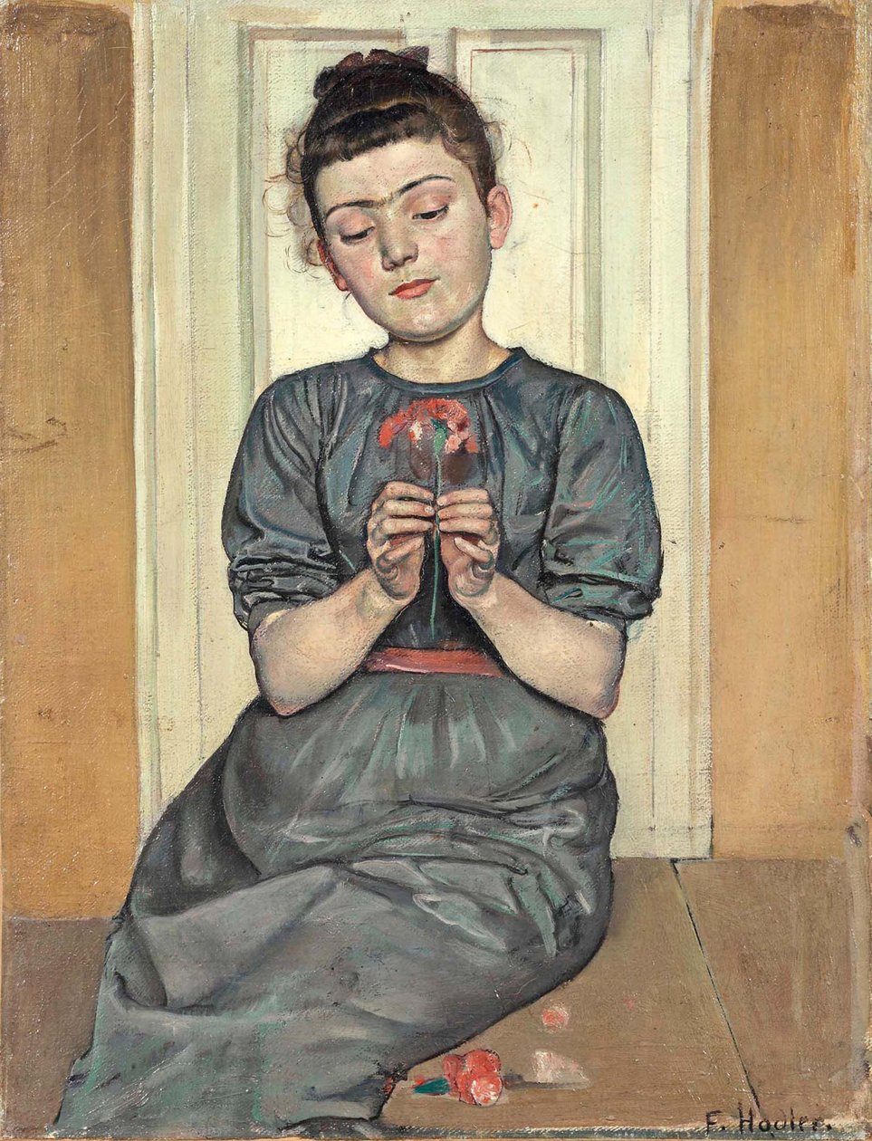 Mädchen arrangiert Blumen Mädchen mit Nelke, ca. 1886 von Ferdinand Hodler