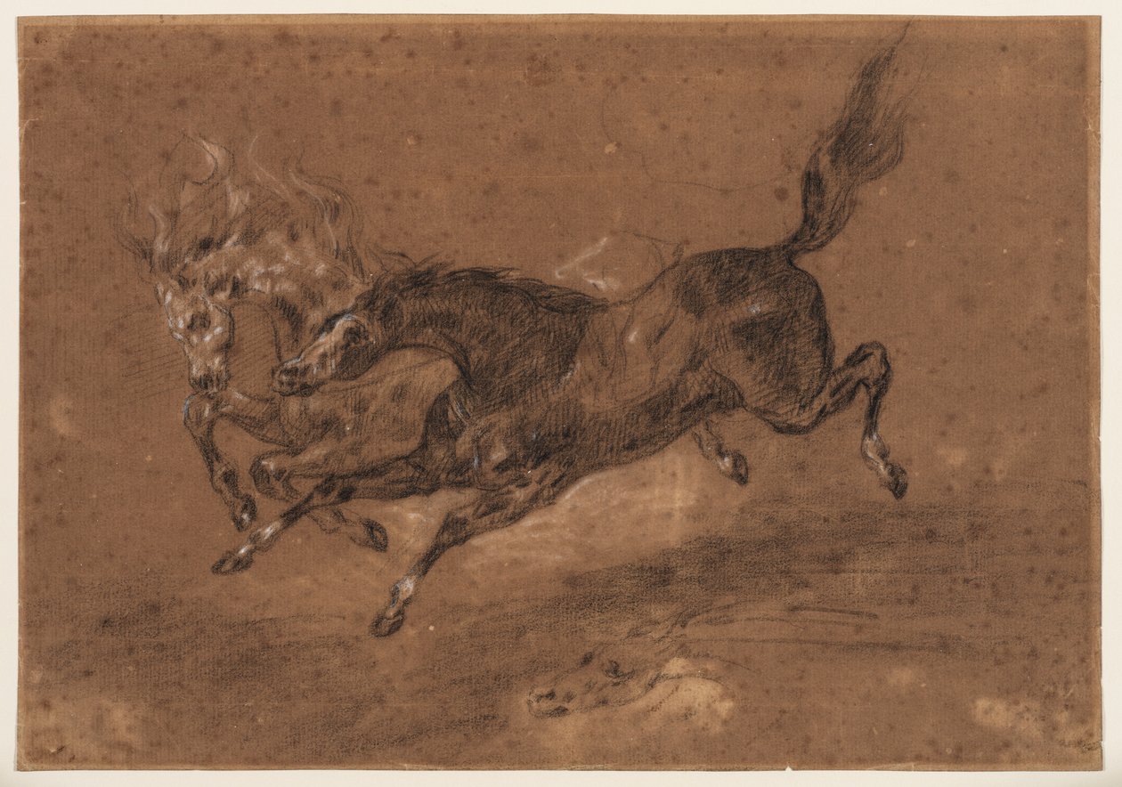 Laufende Pferde (recto); Nackter bärtiger Mann, sitzend (verso), ca. 1800-1899 von Ferdinand Victor Eugene (follower of) Delacroix