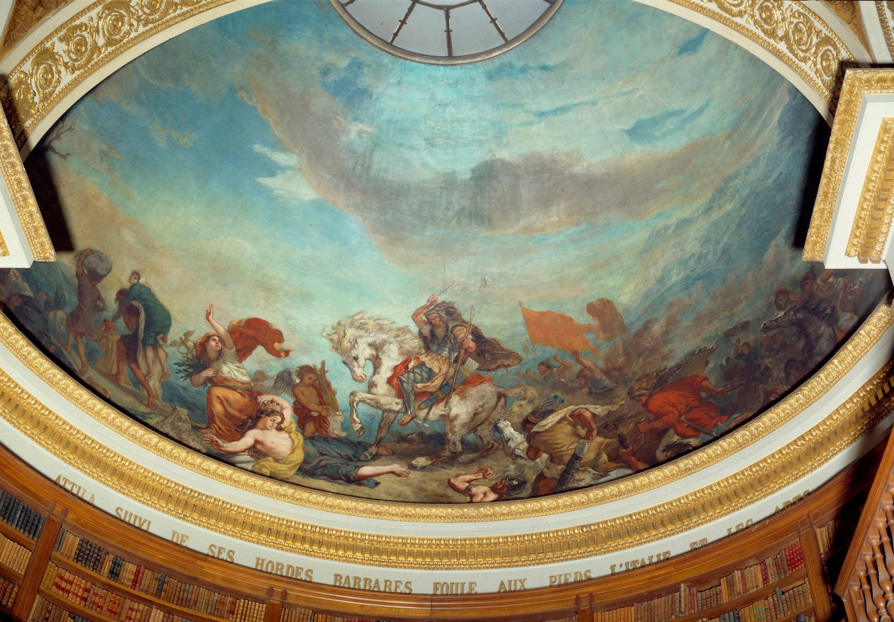 Attila (395-453) Anführer des Hunnenstammes, gefolgt von seinen barbarischen Horden, überfällt Italien im Jahr 452 Fresko von Eugene Delacroix (1798-1863) von Ferdinand Victor Eugene Delacroix