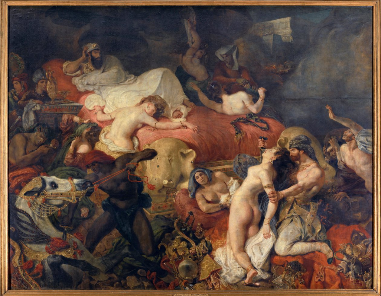 Tod von Sardanapal. Sardanapal, assyrischer König, belagert von Aufständischen, ließ seine Frauen und Pferde schlachten, bevor er sich selbst tötete. Gemälde von Eugène Delacroix von Ferdinand Victor Eugene Delacroix