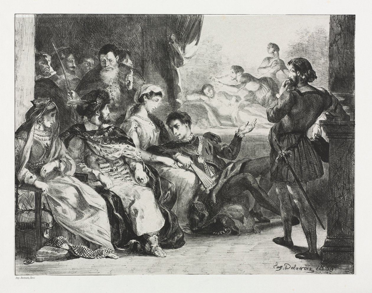 Hamlet: Hamlet befiehlt den Schauspielern, eine Szene aus der Vergiftung seines Vaters zu spielen, 1834 von Ferdinand Victor Eugene Delacroix