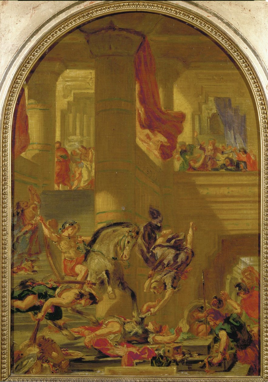 Heliodoros aus dem Tempel vertrieben, nachdem er versucht hatte, den Tempelschatz zu beschlagnahmen von Ferdinand Victor Eugene Delacroix