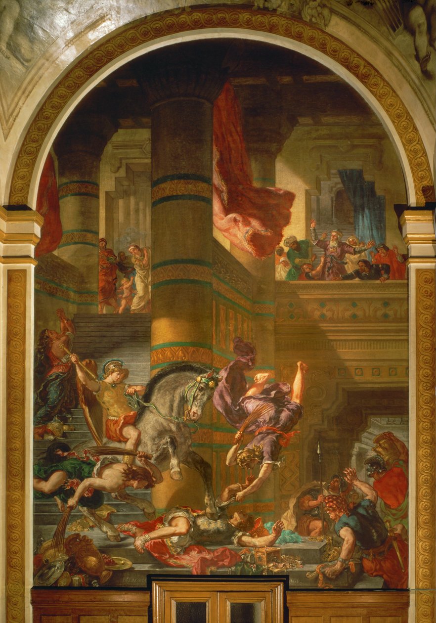 Heliodoros aus dem Tempel vertrieben, nachdem er versucht hatte, den Tempelschatz zu beschlagnahmen von Ferdinand Victor Eugene Delacroix