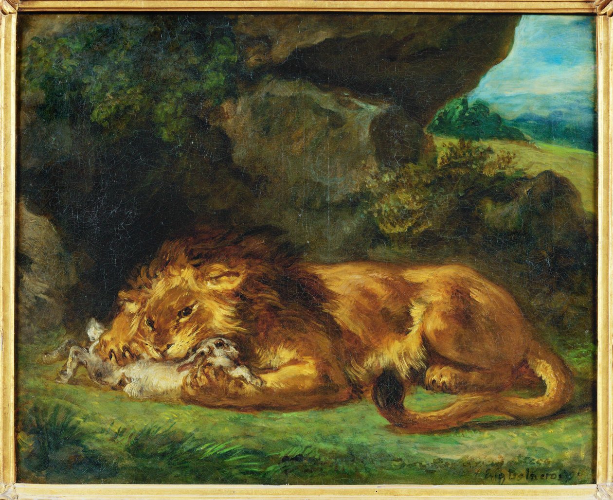 Löwe, der einen Hasen verschlingt von Ferdinand Victor Eugene Delacroix