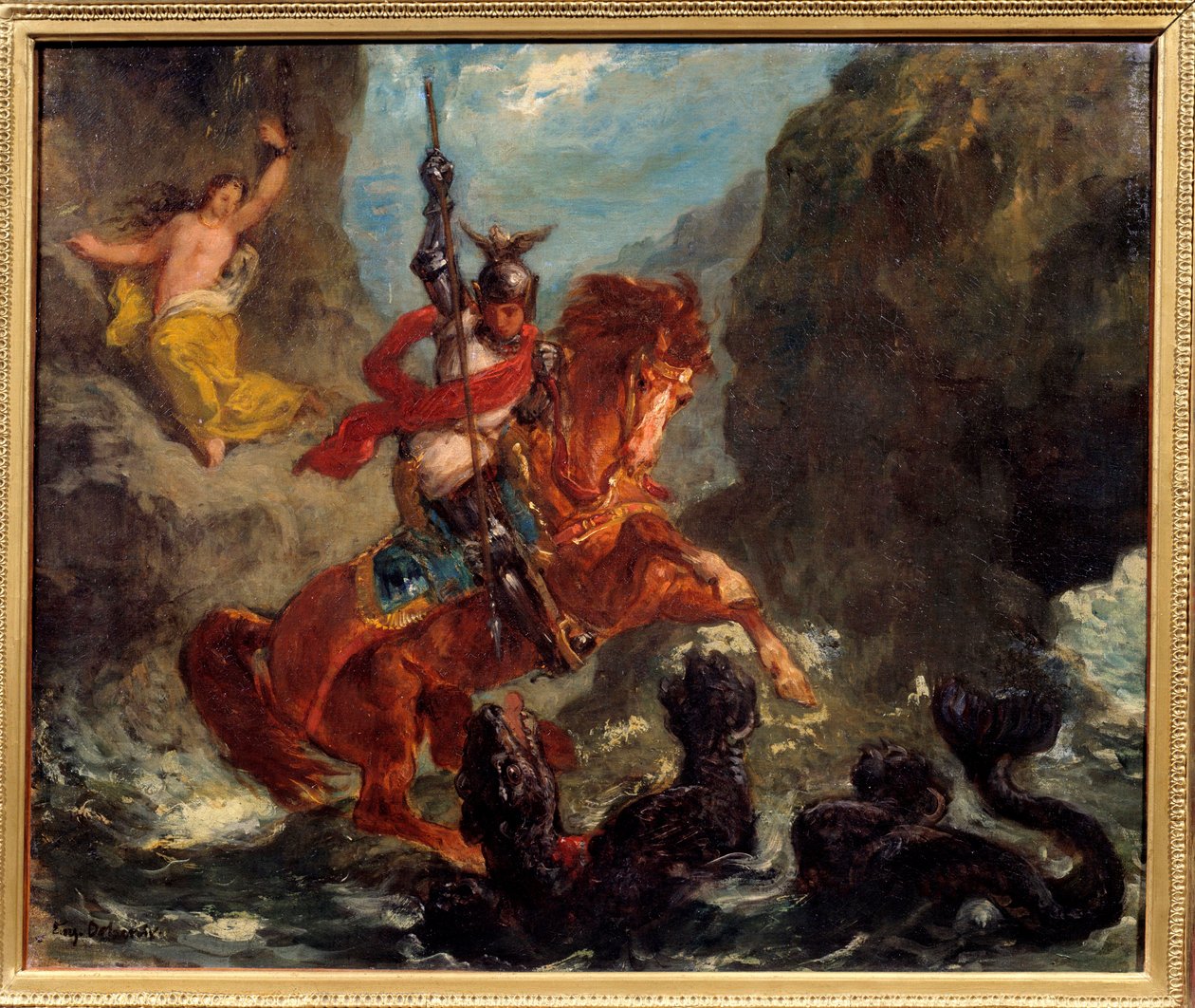 Roger befreit Angelika. Angelika, die von einem Monster von Piraten gefangen gehalten wird, wird von Roger befreit, der auf einem Hippogreif reitet. Illustration für „Der rasende Roland“ von Ludovico Ariosto. Gemälde von Eugene Delacroix. von Ferdinand Victor Eugene Delacroix