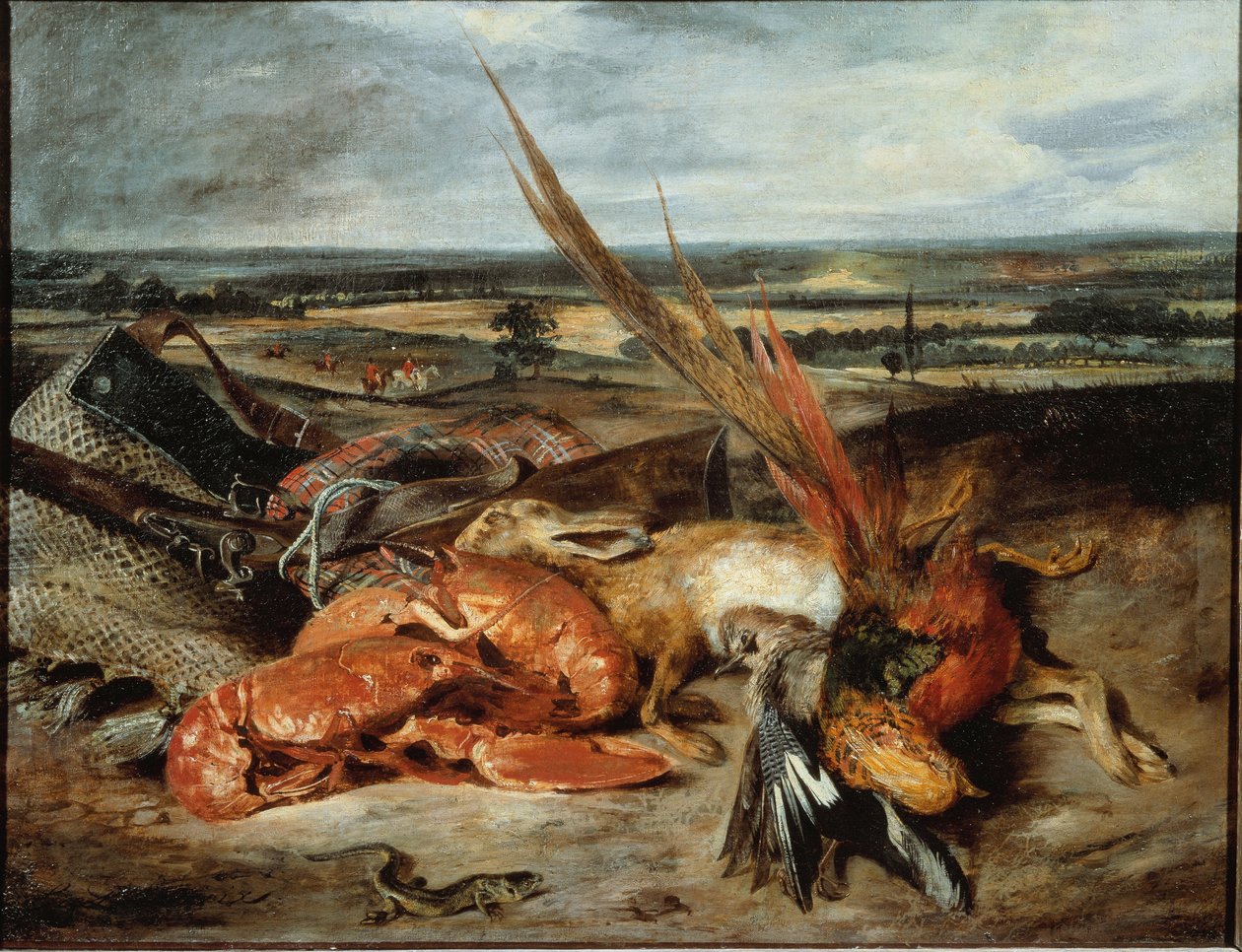 Stillleben mit Hummer und Jagd- und Fischereitrophäen von Ferdinand Victor Eugene Delacroix