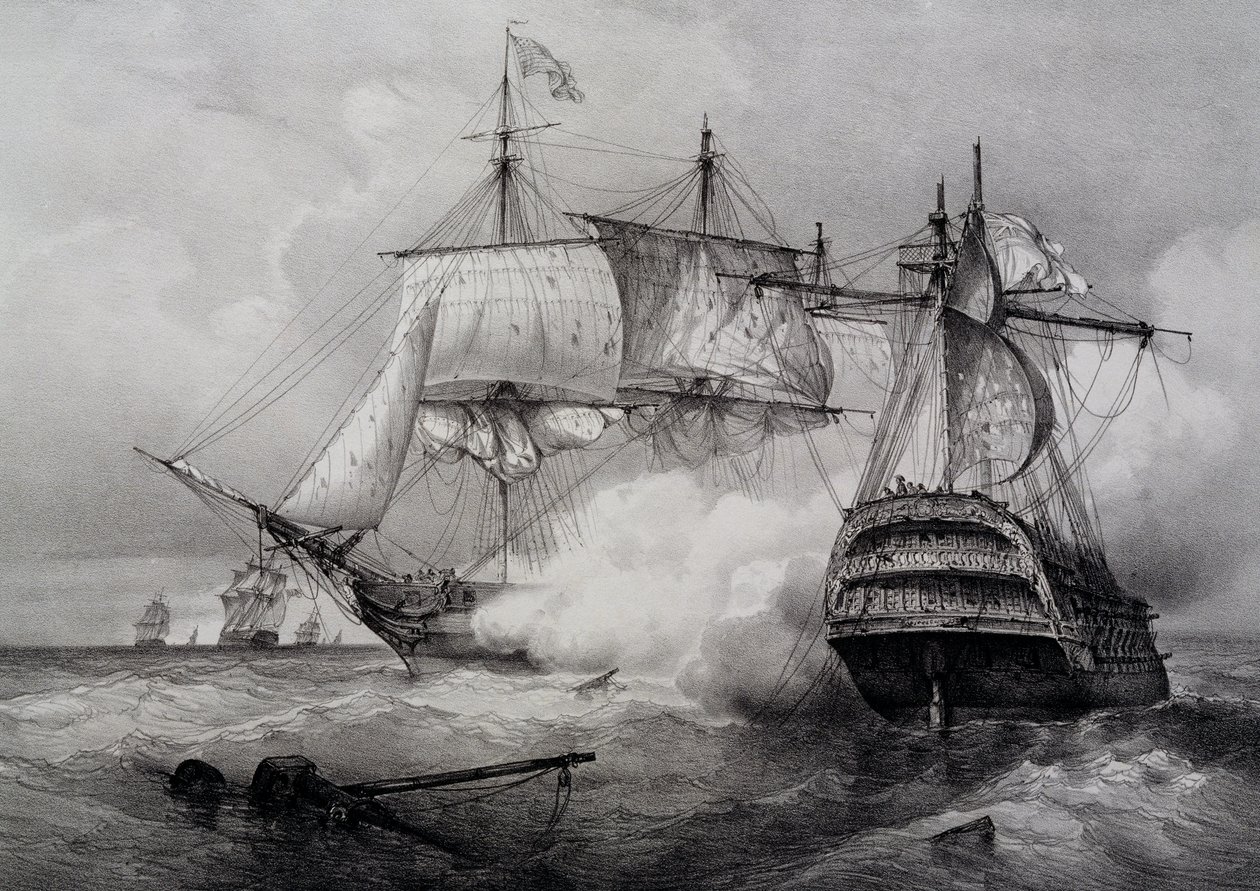 Schlacht zwischen amerikanischem 74-Kanonen-Schiff und britischer Fregatte, Lithographie von Ferdinand Perrot von Ferdinand Victor Perrot