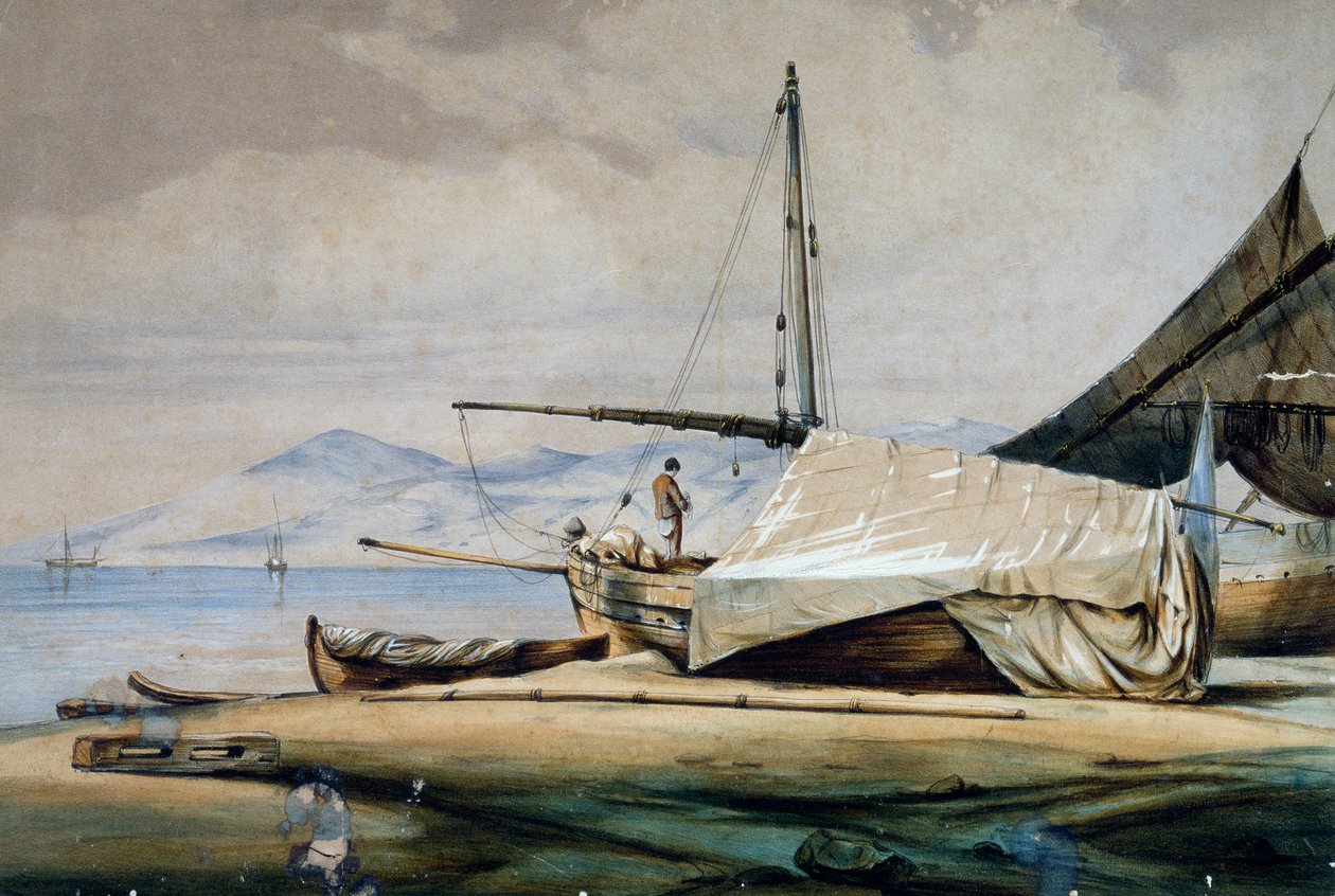 Leudi, ligurisches Fischerboot, Farblithographie von Ferdinand Perrot von Ferdinand Victor Perrot