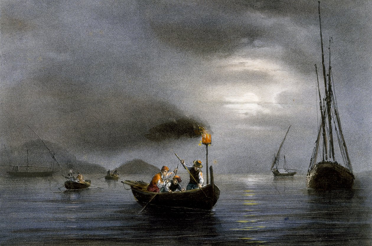 Nachtfischen mit Fischlampe, Farblithographie von Ferdinand Perrot von Ferdinand Victor Perrot