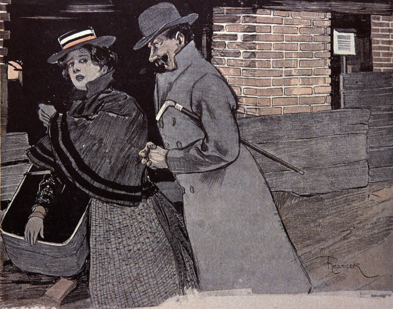 Mann belästigt eine junge Frau. Illustration von F. Von Reznicek in: Simplicissimus, Deutschland von Ferdinand von Reznicek