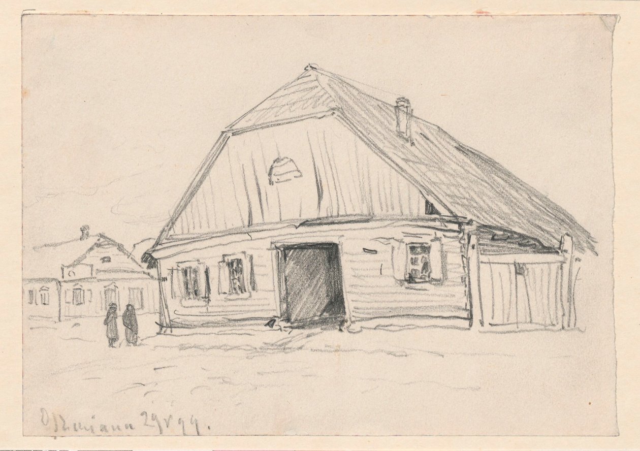 Gasthaus Jankielowa in Oszmiana; recto: Skizze eines unbestimmten Motivs von Ferdynand Ruszczyc