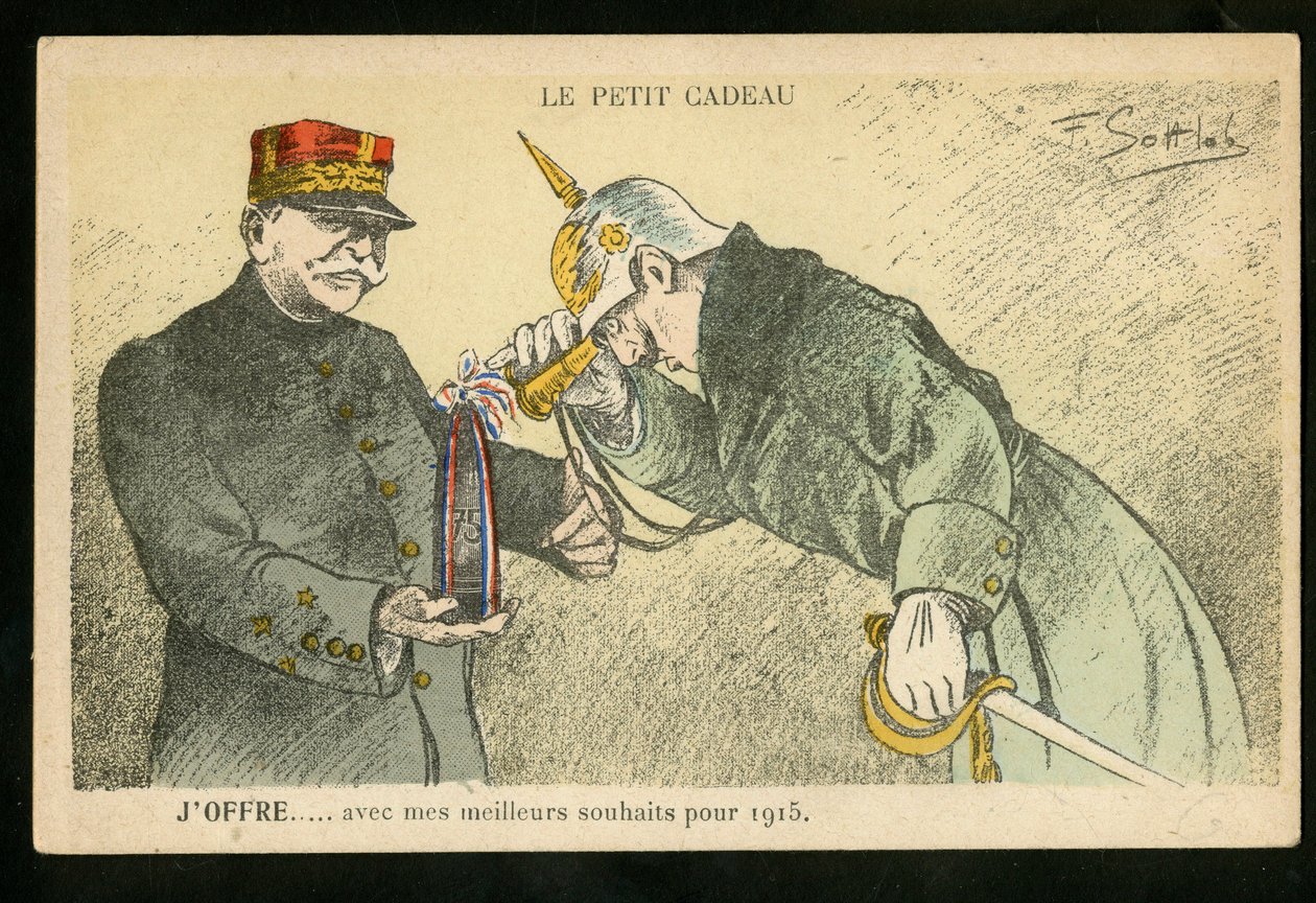 Postkarte, Satirisch in Farben, ca. 1914_12: Ein kleines Geschenk, das ich mit meinen besten Wünschen für 1915 anbiete - Krieg von 14-18, Kanonen, Granaten - Wilhelm II., Joffre Illustration von Gottlob (1873-1935) von Fernand Louis Gottlob