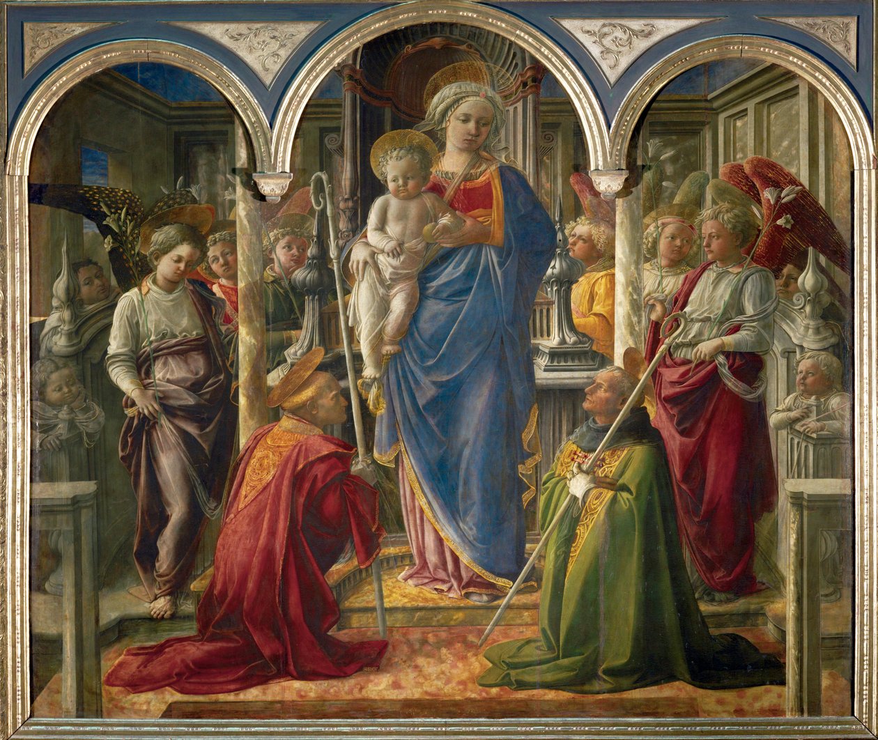 Madonna und Kind mit Engeln und den Heiligen Frediano und Augustinus, genannt "Pala Barbadori" von Filippo (workshop of) Lippi