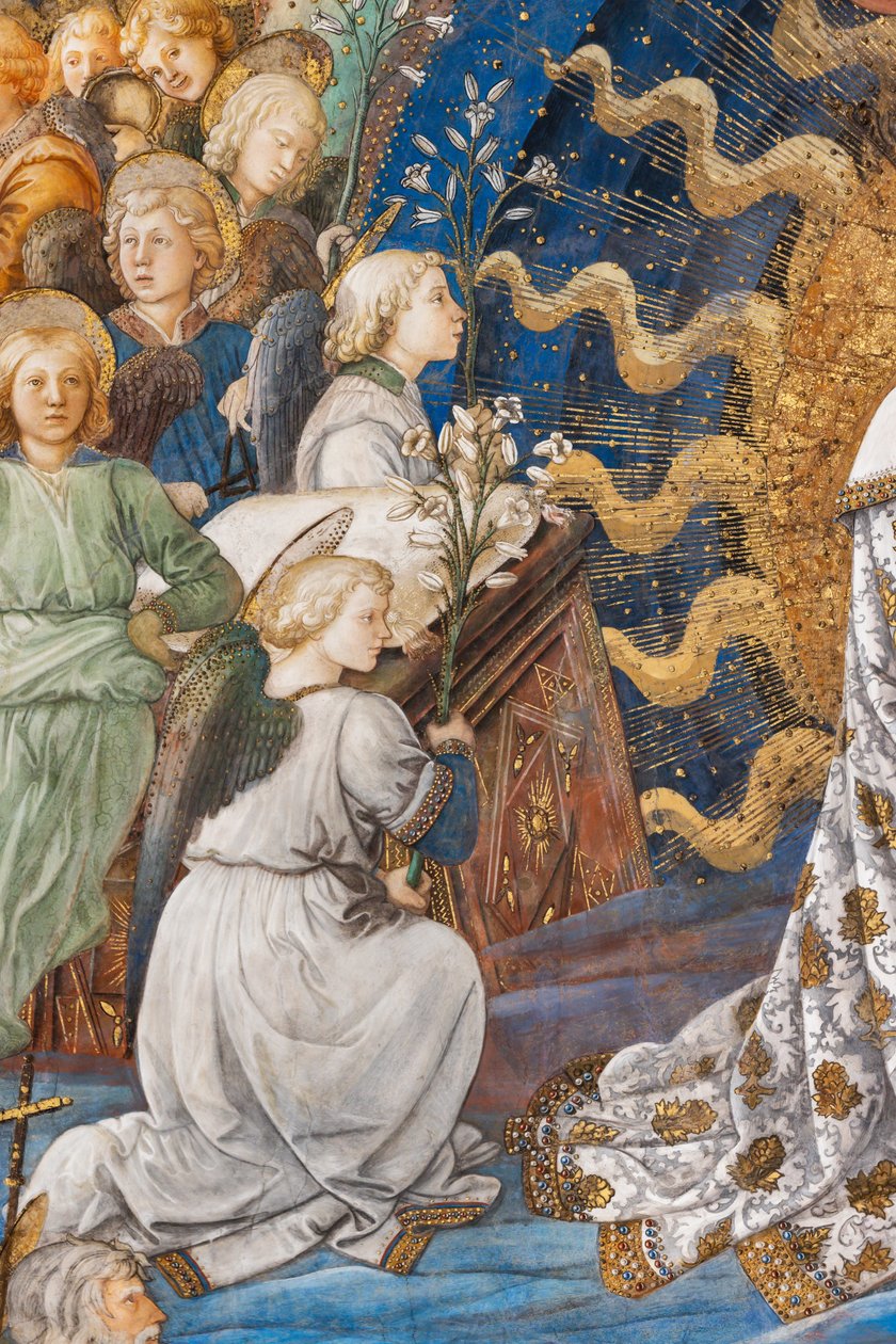 Engel, die Lilien halten, Blumen, die das Symbol der Reinheit sind, Detail der Krönung Mariens von Filippo Lippi