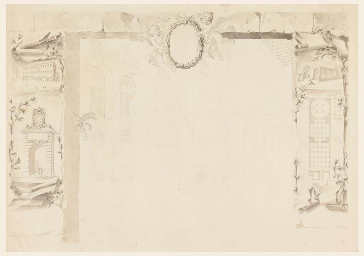 Unvollendeter Entwurf für ein Gedenkblatt zur Errichtung einer päpstlichen Fabrik (Magazin von Annona), 1760–69 von Filippo Marchionni