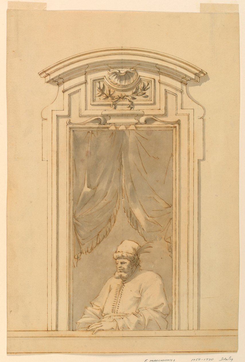 Fenstergehäuse und Hälfte einer Figur eines Türken, 1750–70 von Filippo Marchionni