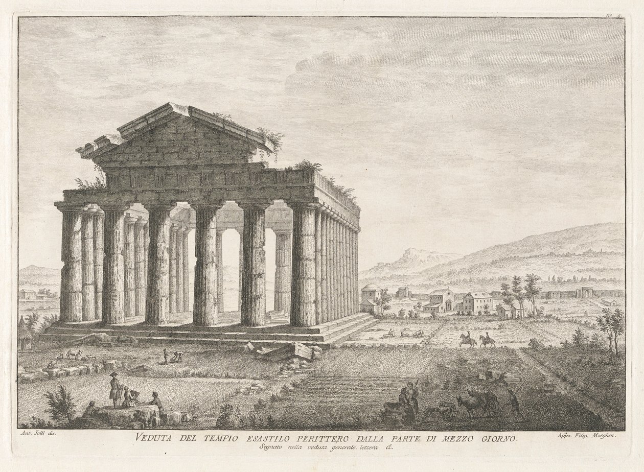 Veduta del tempio esastilo perittero dalla parte di mezzo giorno (Ansicht des Peripteral-Hexastyl-Tempels von Süden), aus Antichità di Pesto (Antiquitäten von Paestum) von Filippo Morghen