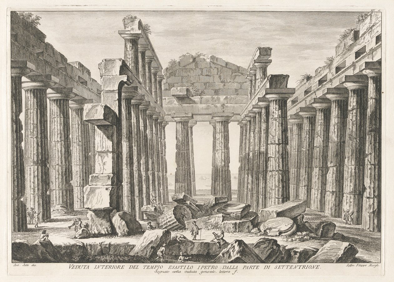 Innenansicht des Hexastyle Hypaethral Tempels von Norden, aus Antichità di Pesto (Antiquitäten von Paestum) von Filippo Morghen